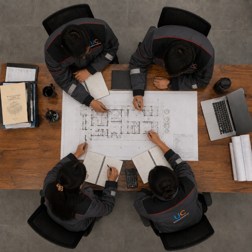 Architects and engineers reviewing blueprints